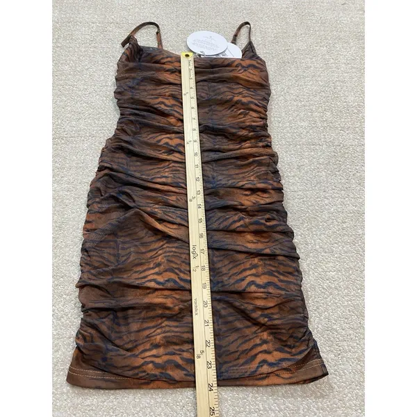 Princess Polly Tiger Print Ruched Mesh Mini Dress Size 2 Brown Black Y2K Party - Image 14