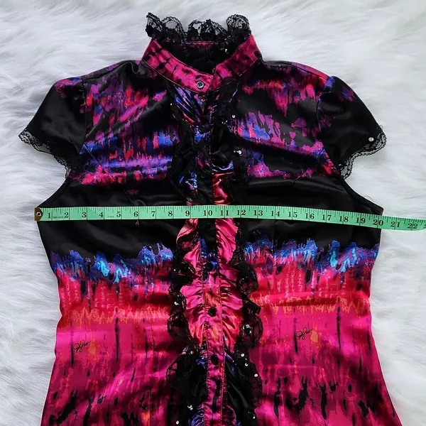 Baby Phat -257 Y2K satin like lace and sequin blouse hot pink and‎ black Large - Image 10