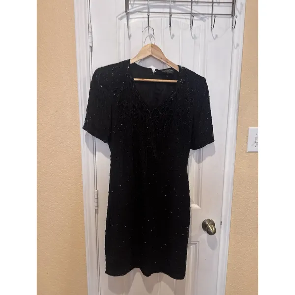 Royal Feelings VTG 80s SILK SEQUIN Dress Flapper 1920s Inspired Black size 10 - Image 4