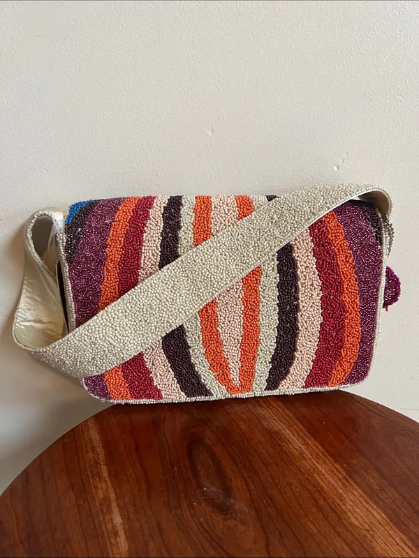 Handcrafted Beaded Multicolor Shoulder Bag - Neutral Strap festival beaded art - Image 6