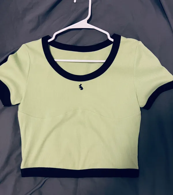 Green Ribbed Crop Top with Black Trim - Image 2