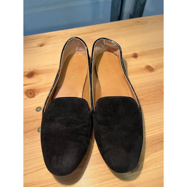 J.Crew Womens Black Suede‎ Smoking Loafers Patent Trim Flats Size 7 - Image 2