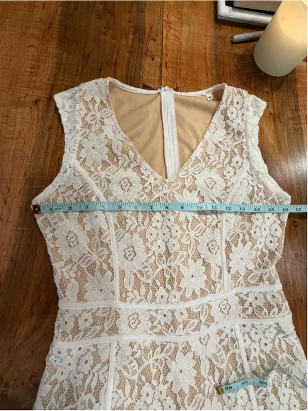 White Lace Overlay Maxi Dress V-Neck Nude Lining Resort Vacation Formal Boho M - Image 8