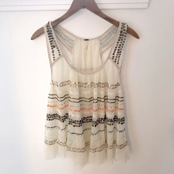Free People Mercury Sheer Beaded Blouse Tank Top S Tiered Boho Fairy Festival - Image 5