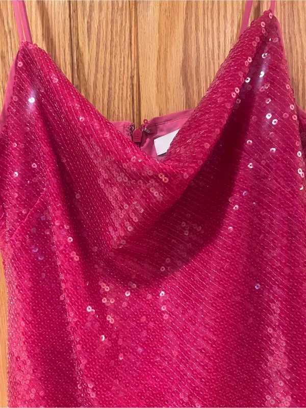 LIKELY Sequin Spaghetti Strap Draped Cowl Neck Mini Dress Fuchsia Pink Size 8 - Image 5