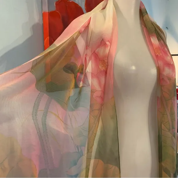 Beautiful Floral 100% silk scarf pinks/ greens 62 inches long - Image 5