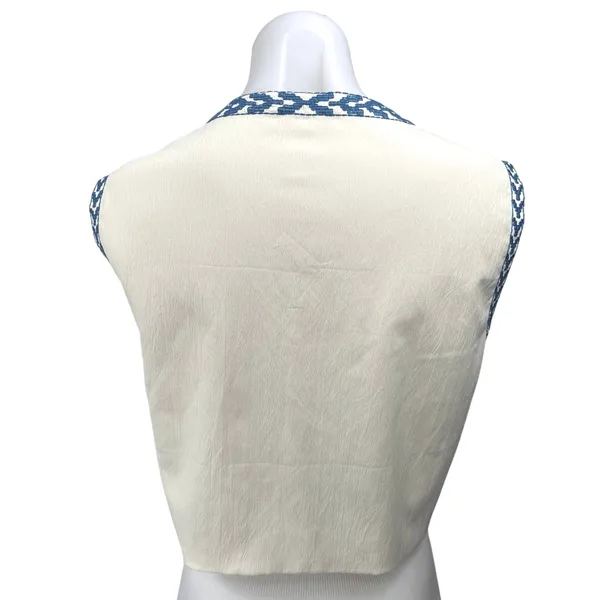 Women's White Blue Floral Embroidered Open Front Boho Crop Top Vest Coat Size L - Image 2