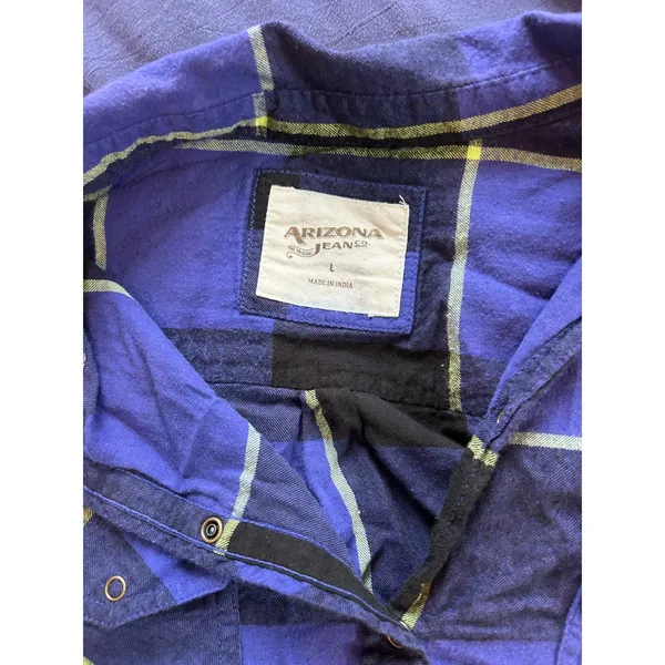 Arizona Jean Co Blue Black Plaid Sequin Back Button Down Flannel Shirt Large - Image 3