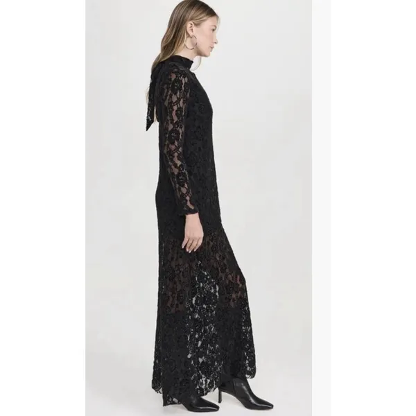 ALOHAS Tiban Black Lace Maxi Dress Mock Neck Bow Size Medium Velvet Long Sleeve - Image 3
