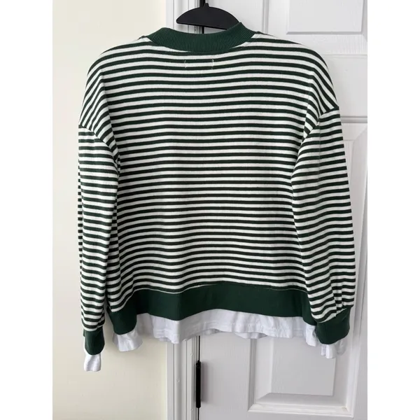Cali Be Striped Long Sleeve Mock Neck‎ Layered Look Top XS Green White - Image 4