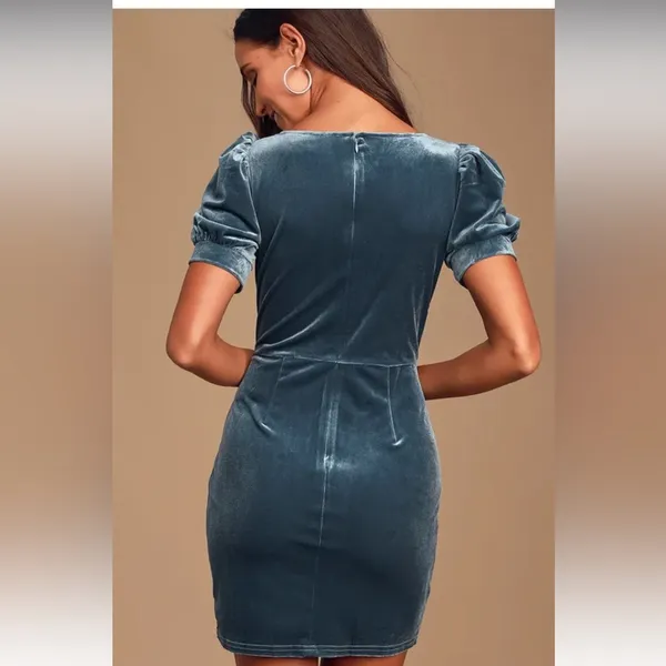 Lulus Victorious Dusty Blue Velvet Puff Sleeve Bodycon Dress; Small - Image 2