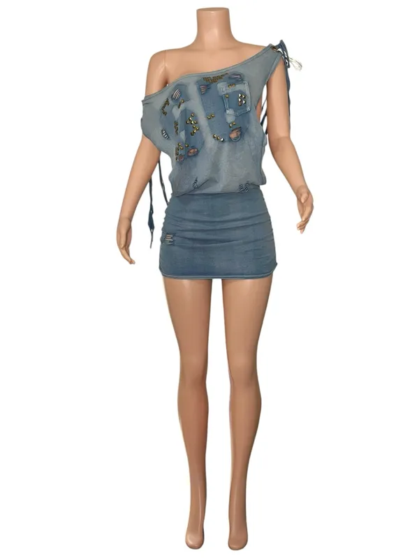 JADED LONDON Route 66 Distressed Backless Studded Dress, Blue, 6 (US) - Image 7