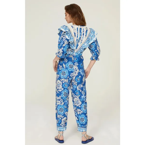 Farm Rio‎ Floral Linen Jumpsuit Tropical Puff Sleeve Women Medium NWT Blue White - Image 2