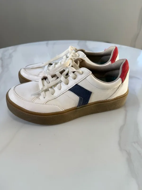 Dr. Scholl's White Sneakers with Navy Chevron and Red Heel - Image 2