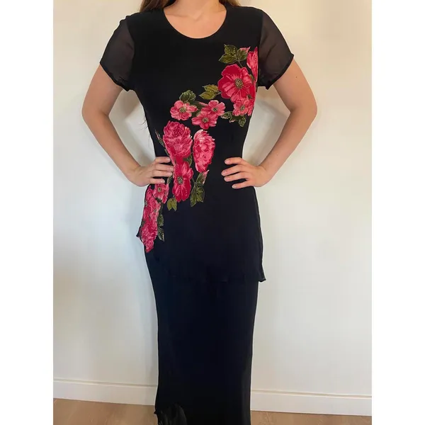 Vintage Tiered Black Mesh Lettuce Trim Floral Sparkly Maxi Dress - Image 2
