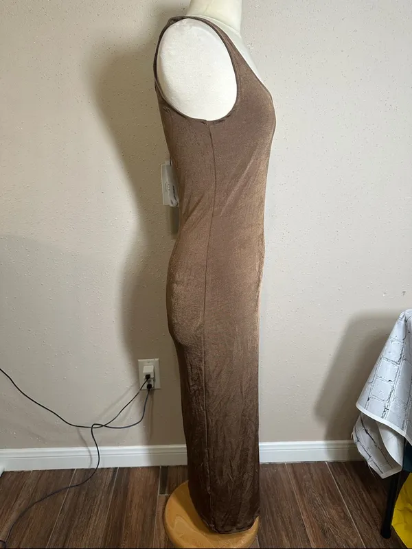 NA-KD Brown Shiny Sheen Square Neck Midi slip tank Dress women’s size Large NEW - Image 4