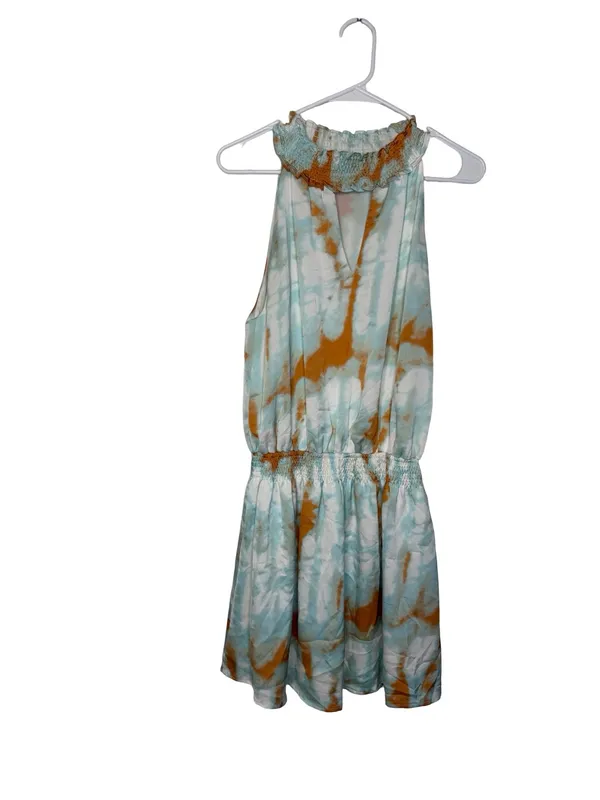 🩵 Entro Smocked Mock Neck Tie Dye‎ Sleeveless Mini Dress Small 🤎 - Image 2