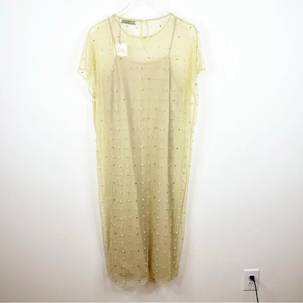 NWT ZARA Sheer Mesh Pearl Embellished Midi Dress Women's Size XS/S Tan‎ - Image 3