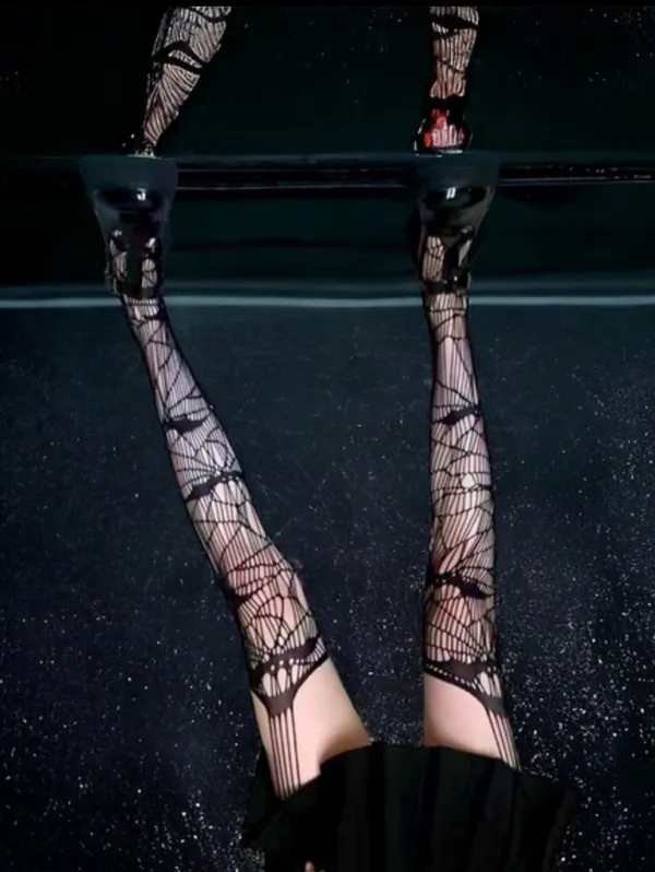 Black Bat Fishnet Suspender Tights Hollow Out High Waist Mesh Pantyhose One Size - Image 11