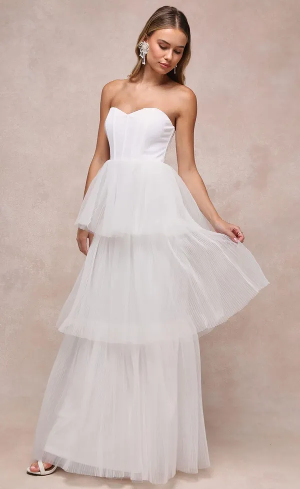 White Tulle Tiered Strapless Gown Size XS - Image 3