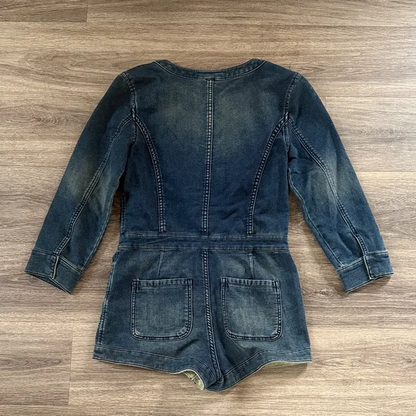 Free People Denim Romper in Dark Blue Womens Long Sleeve Collarless Size 4 - Image 4