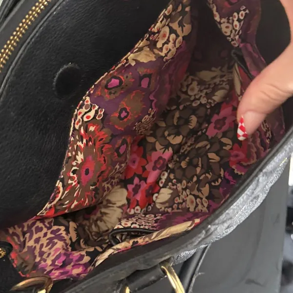 Vera Bradley Black Quilted Leather Satchel Floral Lining Shoulder Bag Classy - Image 4
