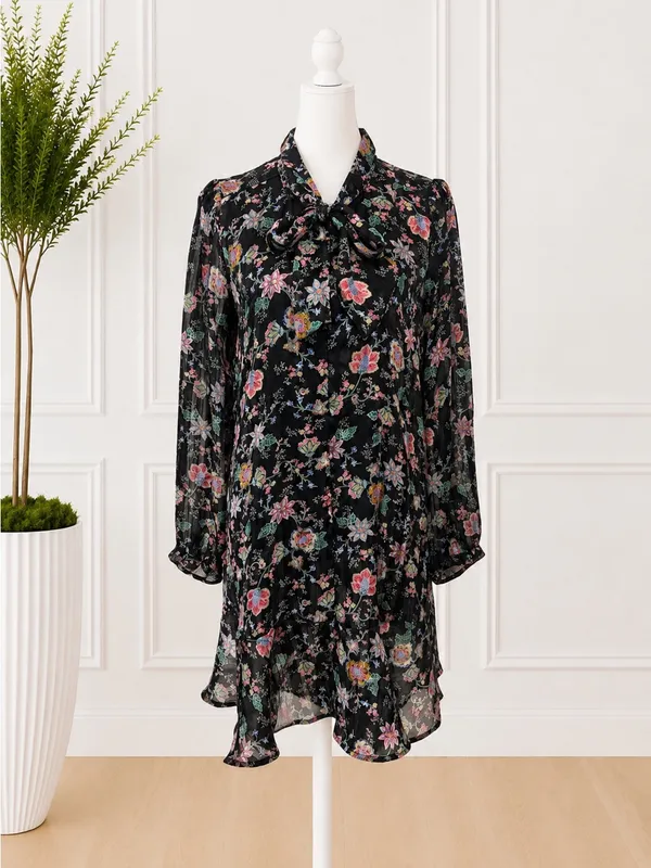 Banana Republic Black Floral Sheer Tie-Neck Ruffle Hem Dress Women’s M Romantic - Image 2