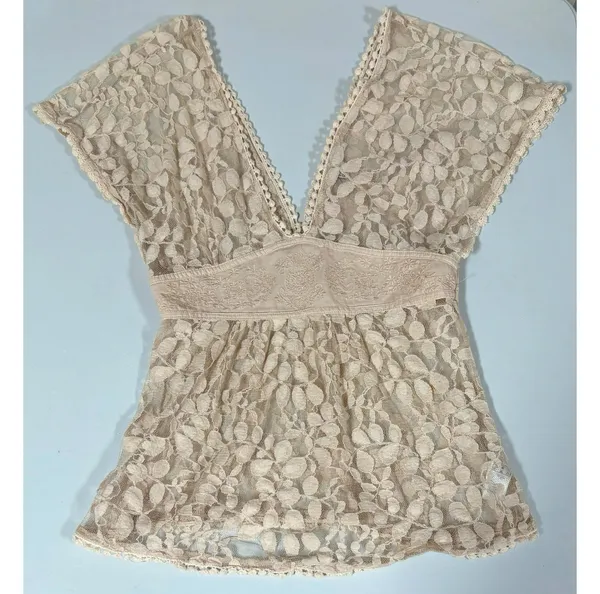 Tan Beige Floral Lace Y2K Babydoll Shirt Top Blouse Size S ✨ - Image 2