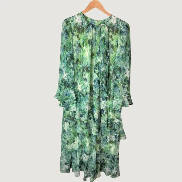 Tuckernuck Water Lillies Sasha Dress Green Floral Tiered Ruffle Midi XL NEW - Image 4