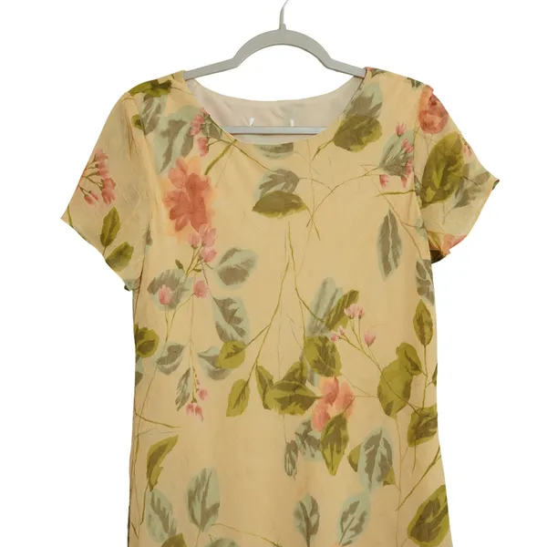 Vintage Floral Crinkle Chiffon Maxi Dress Yellow Peach Short Sleeve‎ 90s Teacher - Image 2