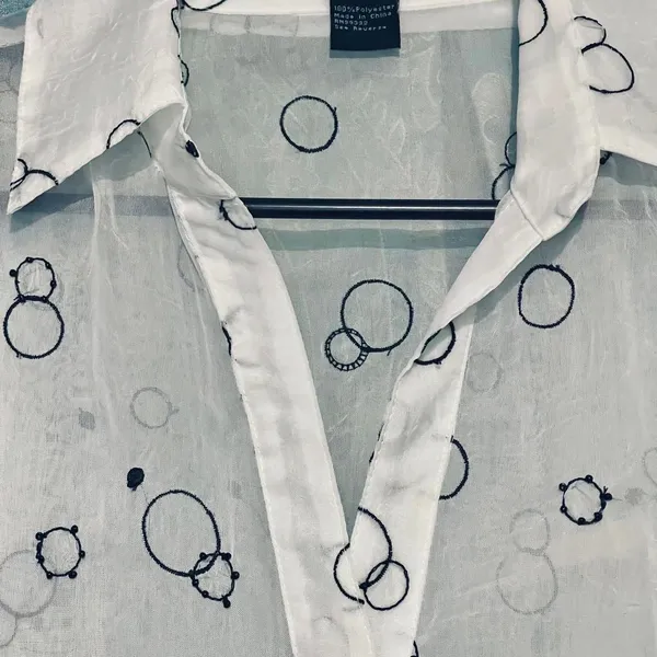 Source Unknown Funky White Sheer Top Size 1 X Black Circle 3/4 Sleeves Embroidery Button Front - Image 5