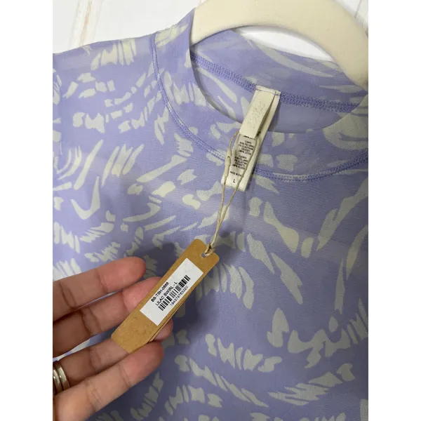 SKIMS Summer Mesh T-Shirt Bodysuit Lilac Swirl Logo Print Mock Neck NWT L - Image 5