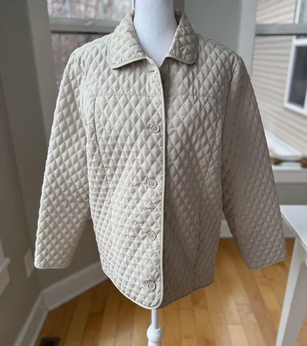 Vintage Nordic Lights Light Khaki Ivory Gingham Quilted Chore Jacket Coat Medium - Image 9