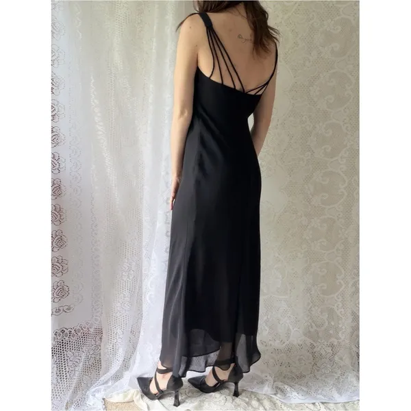 Vintage Hampton Nites Black Bias Cut Slip Dress Maxi Goth Minimalist 90s - Image 6