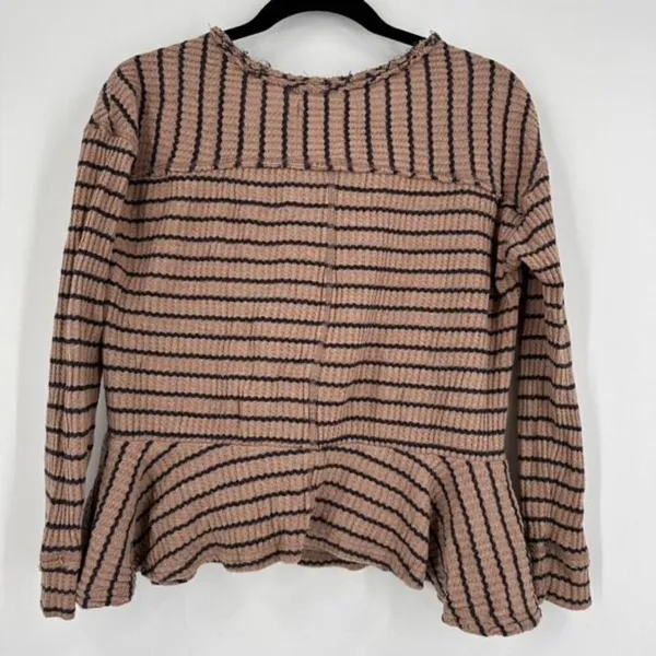 Free People Women's Striped Fringe Neck Thermal Peplum Top Brown Black‎ Size XS - Image 4
