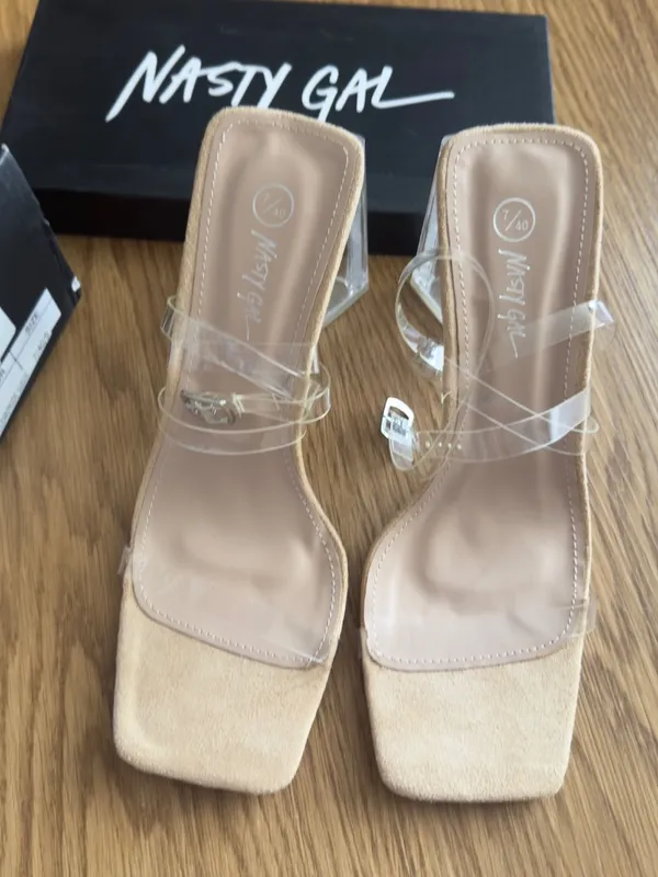 Nasty Gal Clear Nude Chunky Square Toe Heels Size 9 Faux Leather Block - Image 3