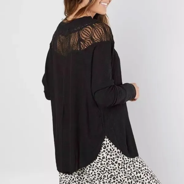 Free People Spring Valley Black Thermal Lace-Trim Top W-128 Sz Small - Image 2