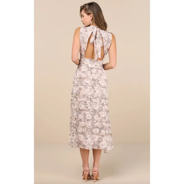 Lulus Happily Sweet Beige Floral Mock Neck Backless Midi Dress Cocktail S NWT - Image 2