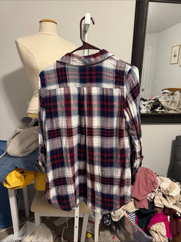 Women’s Plaid Button-Down Shirt - Navy, Burgundy & White - Image 3