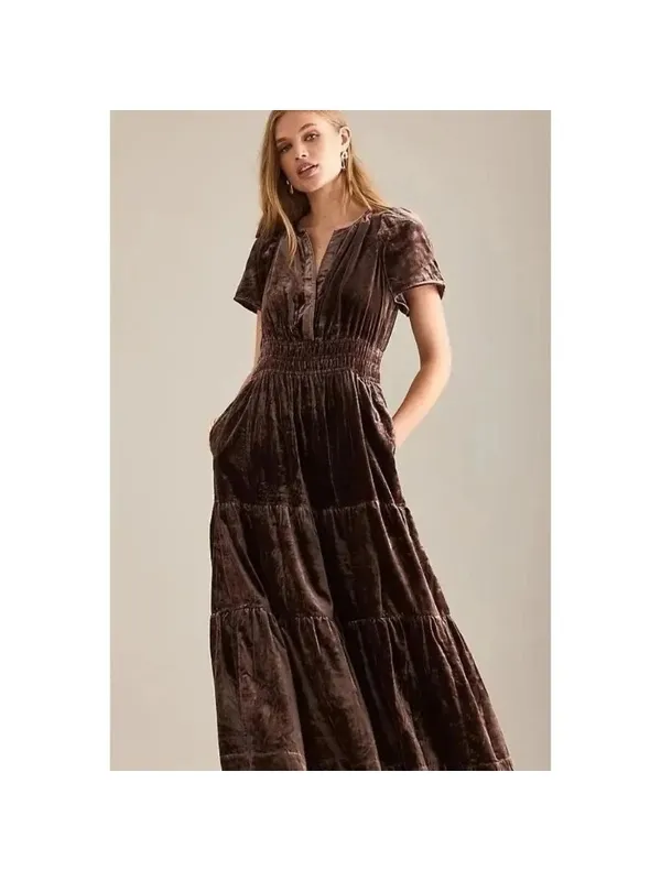 NWT by Anthropologie The Somerset Maxi in Chocolate Brown Velvet Edition Dress L - Image 4