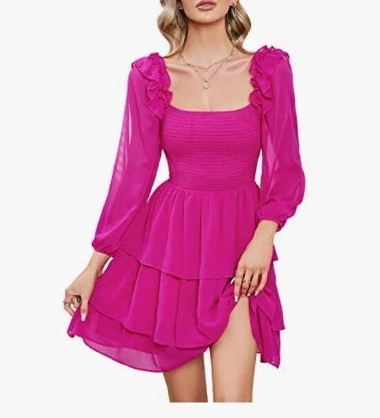 NEW Hot Pink Smocked Ruffle Mini Square Neck Dress M - Image 5