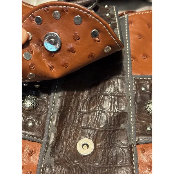 Western Ostrich Croc Embossed Studded Hobo Shoulder Bag Cognac Brown Horsebit‎ - Image 5