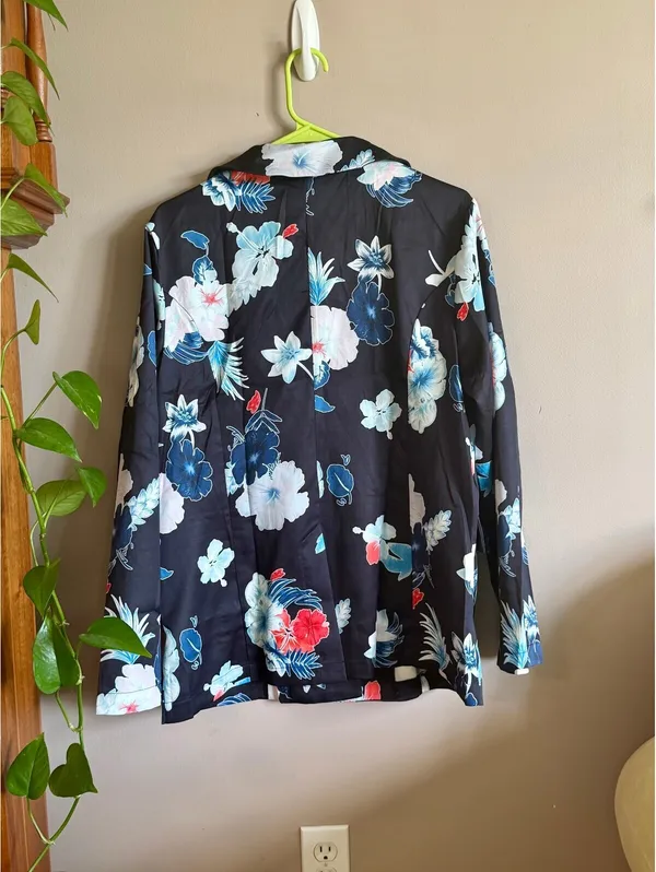 Women’s Large Black Floral Blazer Blue Red White Tropical Print Jacket - Image 2
