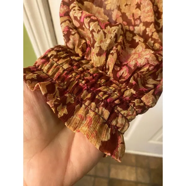 Joie Red Floral blouse small long sleeve Ruffled Stand Up Collar - Image 3