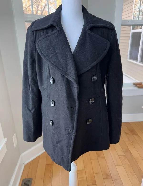 London Fog Black Wool Blend Short Pea Coat Dress Jacket Size Medium - Image 6