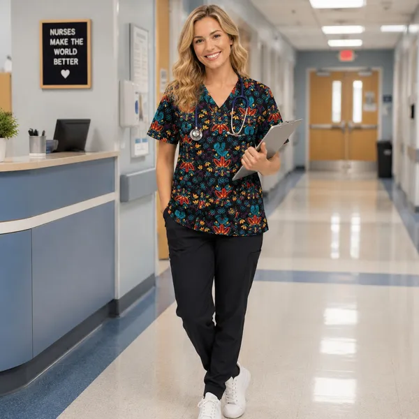 GT Performnce Black Printed V Neck Scrubs Top, S - Image 2