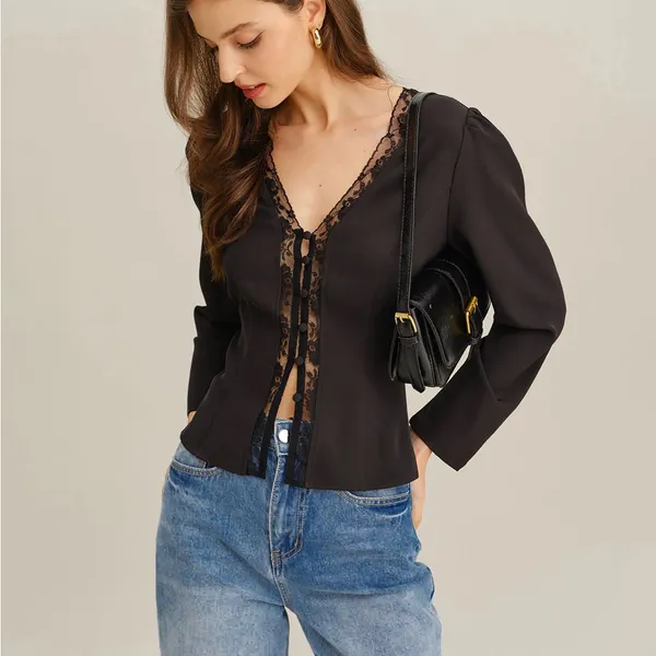 Rihoas black lace V Neck b Blouse - Image 4