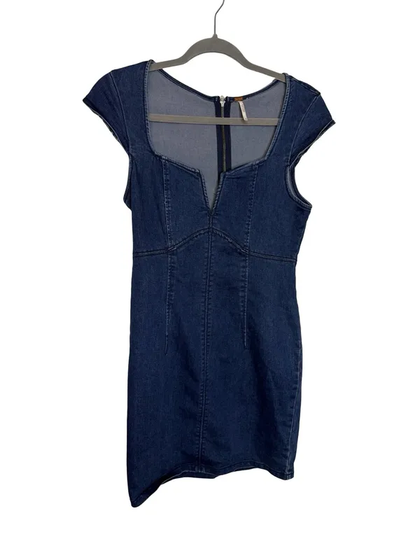 👗 Free People Denim Bodycon Mini Dress XS‎ Sweetheart Neck Zip Back 👗 - Image 3