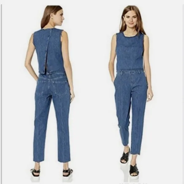 ELLA MOSS Denim Sleeveless Jumpsuit Size 27 Blue Jean Open Back Tapered‎ Raw Hem - Image 2