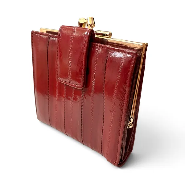 Vintage Eel Skin Burgundy Red Compact Kisslock Frame Wallet - Image 9